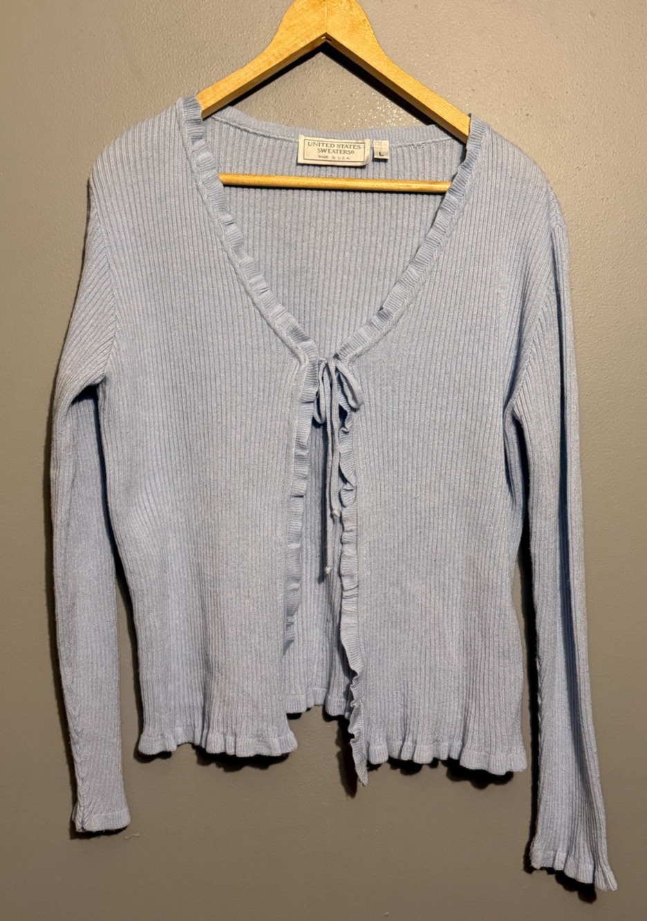 Vintage United States Sweaters Cardigan Womens L Blue Ruffle Tie Front Made USA